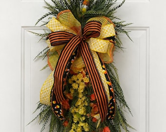 Candy corn swag for front door, Halloween decor with button fern, Fall yellow and Orange teardrop for Summer