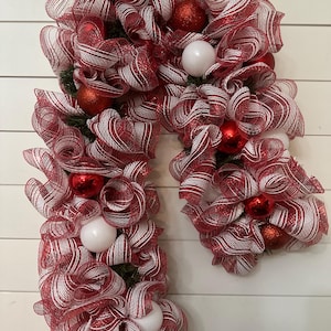 Red and White Christmas Garland, Peppermint arrangement for table, centerpiece with mesh, candy cane decor