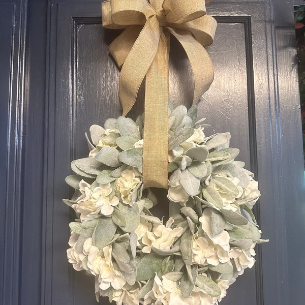 Lambs ear mini wreath, Everyday Small Farmhouse decor with hydrangeas, year round elegant cabinet pantry wreath, elegant housewarming gift