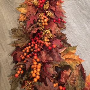 Fall garland, Autumn mantle garland, Thanksgiving decor, front door garland with maple leaves and berries, table centerpiece arrangement
