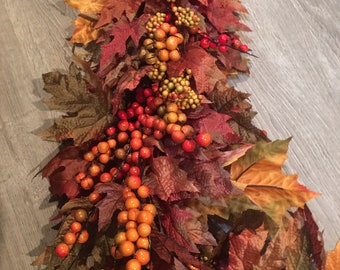 Fall garland, Autumn mantle garland, Thanksgiving decor, front door garland with maple leaves and berries, table centerpiece arrangement