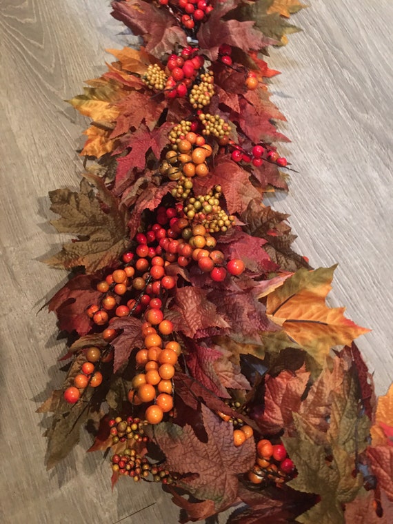 Fall garland, Autumn mantle garland, Thanksgiving decor, front door garland with maple leaves and berries, table centerpiece arrangement