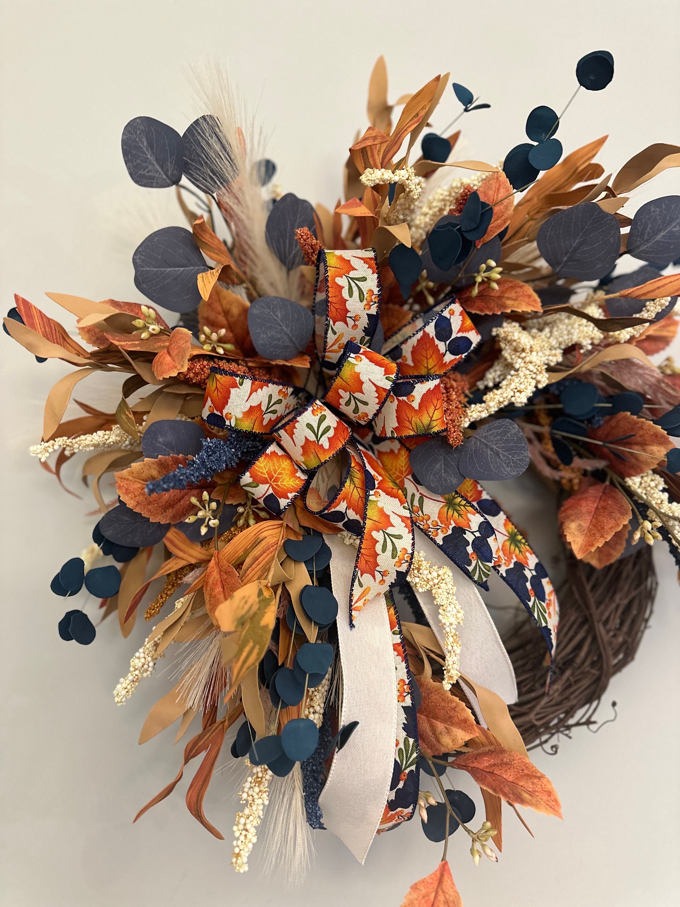 Blue Fall Wreath for Front Door, Autumn Boho Decor, Grapevine With ...