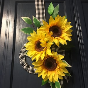 Sunflower mini wreath, Window wreath with buffalo check, Cabinet Door hanging decor, candle ring centerpiece
