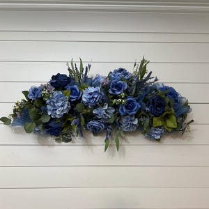 Year round blue Floral Garland, Everyday Blue flowers and Eucalyptus Centerpiece arrangement, horizontal wall swag