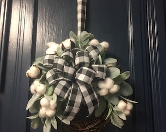 Lambs ear wreath with cotton bolls, small Farmhouse everyday wreath, mini kitchen cabinet decor, Front door year round greenery wreath