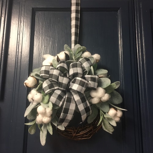 Lambs Ear and Cotton Farmhouse Wreath With Black and White Etsy