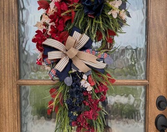 Patriotic Wreath for front door, Americana button fern grapevine, Fourth of July Rustic Red white and blue decor, Memorial Day Cascade