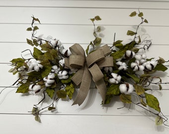 Year round swag with cotton bolls, everyday horizontal greenery swag for wall, over Front door, wedding swag, housewarming gift