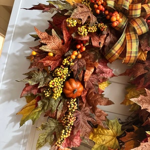 Fall Maple Leaves Wreath With Pumpkins, Front Door Wreath for Autumn ...