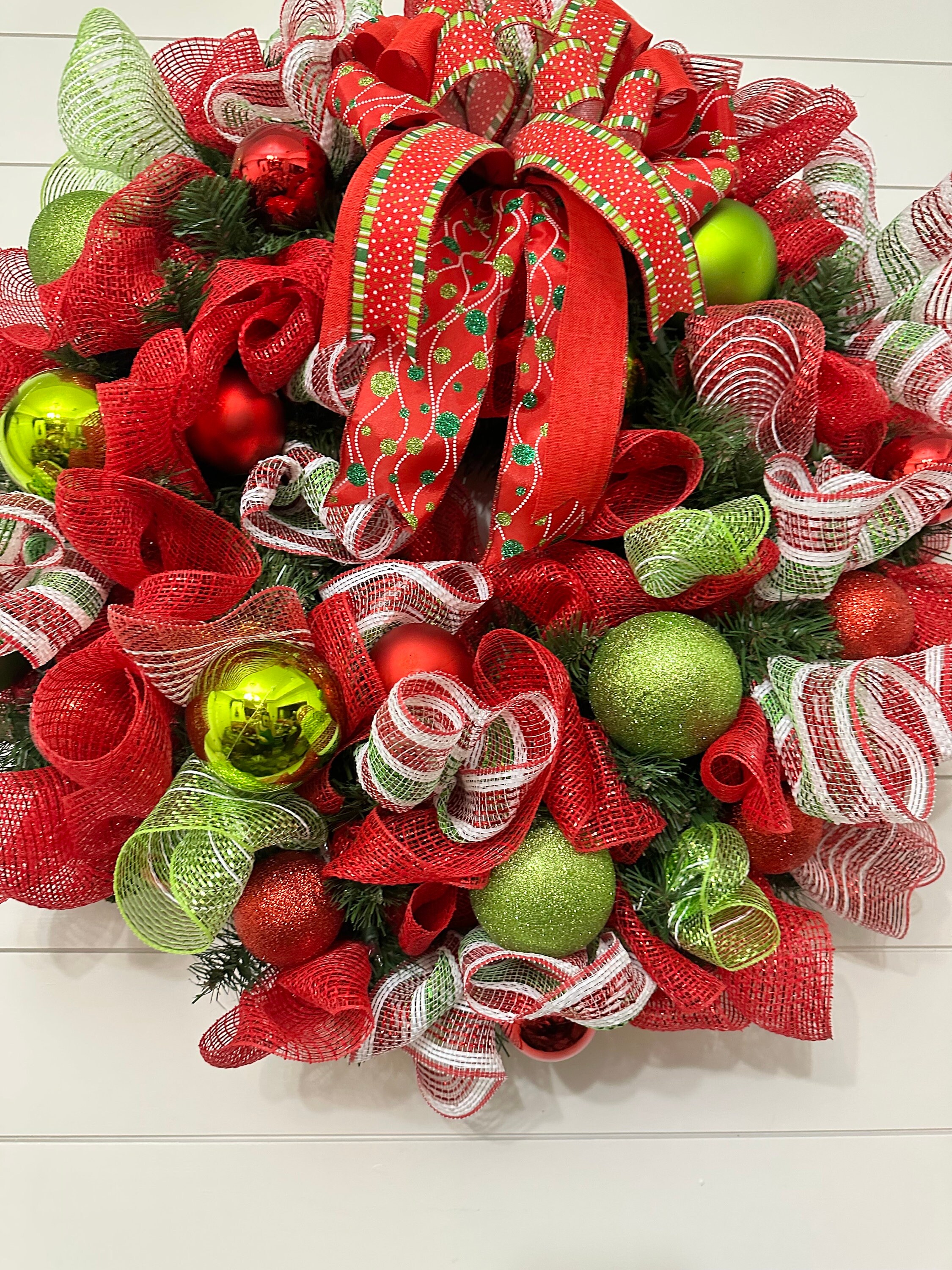 Whimsical Christmas Wreath, Lime Green and Red Holiday Decor, Mesh and ...