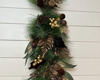 Christmas garland, Winter table arrangement with brown and gold, mantle decor, pine holiday centerpiece