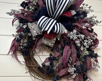 Patriotic Wreath for front door, Gray Americana grapevine, Fourth of July eucalyptus wreath, Burgundy white and navy decor