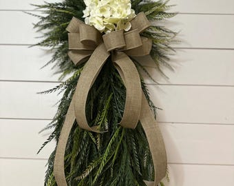 Year round greenery swag, Button fern front door swag wreath, Vertical teardrop wall hanging, Everyday swag with hydrangea