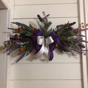 Purple lavender swag, wall hanging swag wreath, year round horizontal mirror swag, Easter over door garland, Everyday home decor wall swag