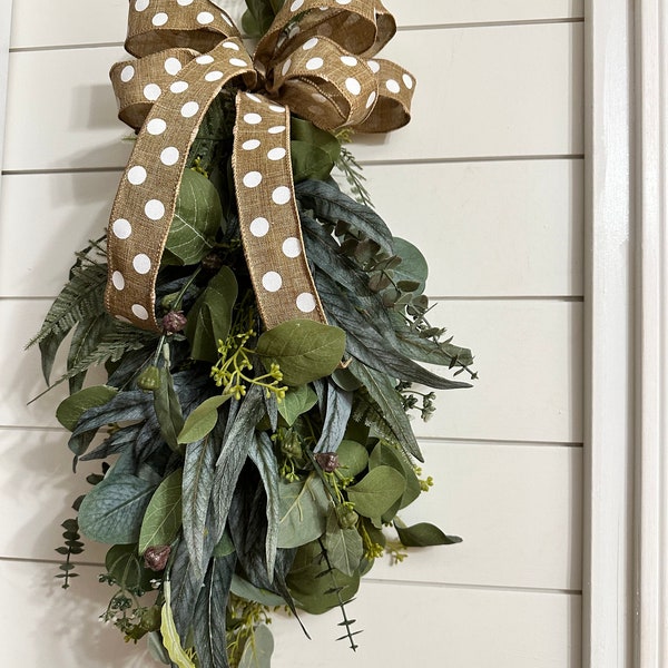 Eucalyptus greenery swag, Small year round Farmhouse front door greenery teardrop wreath, everyday home decor, gallery wall hanging