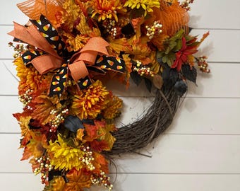 Candy corn wreath for front door, Halloween black orange and yellow decor, Fall wreath with candy corn colors