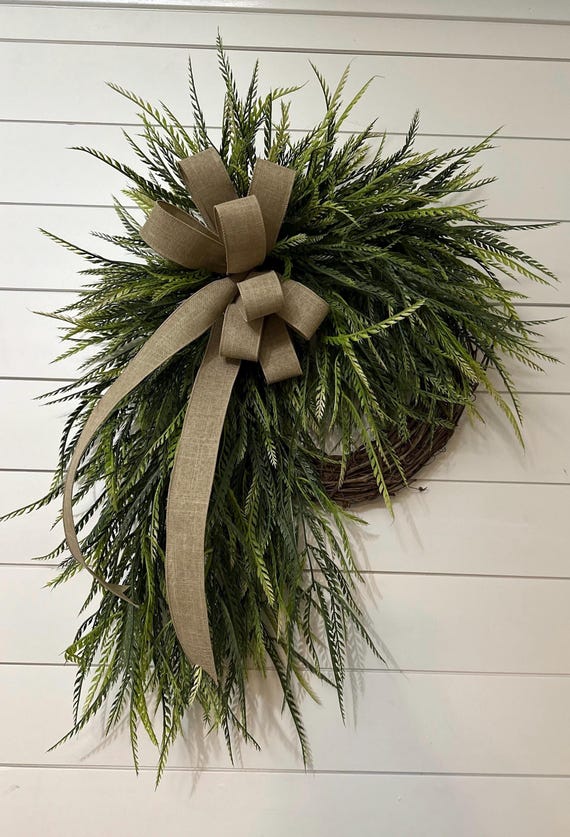 Year round greenery front door wreath, Cascade mini wreath, Mirrored double door gravepine, beaded fern wreath, everyday wall hanging decor