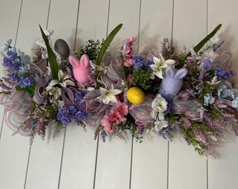 Easter Garland Centerpiece, pastel lavender arrangement with bunnies, custom bunny colors, table decor, mantle arrangement