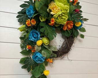 Tropical wreath for front door, Summer Fiesta grapevine, colorful wreath decor for wall, Cascade Summer wreath