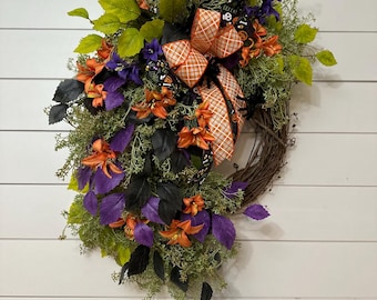 Halloween wreath for front door, beaded grass wreath, Grapevine wreath with spiders, elegant black purple and orange Halloween decor