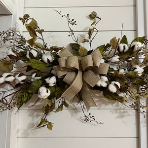 Year round swag with cotton bolls, everyday horizontal greenery swag for wall, over Front door, wedding swag, housewarming gift
