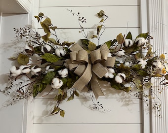 Year round swag with cotton bolls, everyday horizontal greenery swag for wall, over Front door, wedding swag, housewarming gift