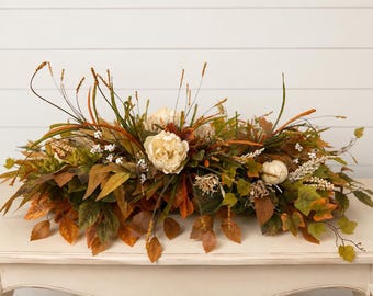 Fall arrangement with pumpkins, Autumn garland centerpiece with flowers, mantle table decor, Thanksgiving centerpiece garland