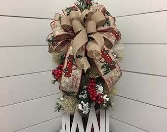Red Truck Christmas Lantern topper, Farmhouse lantern swag with red truck bow,  Small tree topper swag with red truck and berries