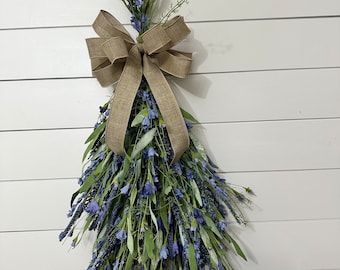 Blue lavender swag, Farmhouse Front door swag wreath, Vertical teardrop wall hanging, centerpiece arrangement for table