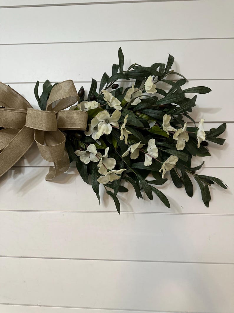 Farmhouse Olive swag, Year round Everyday Olive Branch swag above front door, Olive Leaf wedding arch, swag above bed with cotton bolls image 13