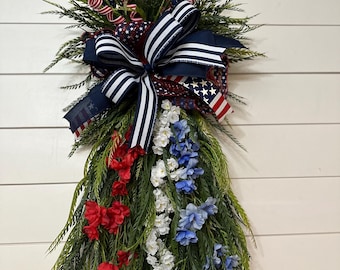 Patriotic swag with button fern, Fourth of July swag wreath for front door, Red white and blue teardrop swag, mirror swag