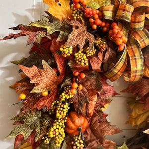 Fall Maple Leaves Wreath With Pumpkins, Front Door Wreath for Autumn ...