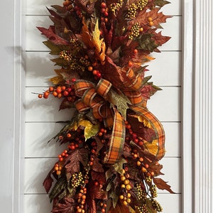 Fall leaf Swag, Autumn front door wreath, centerpiece arrangement, Wall hanging, Floral Fall swag, harvest vertical teardrop, Maple leaf dec