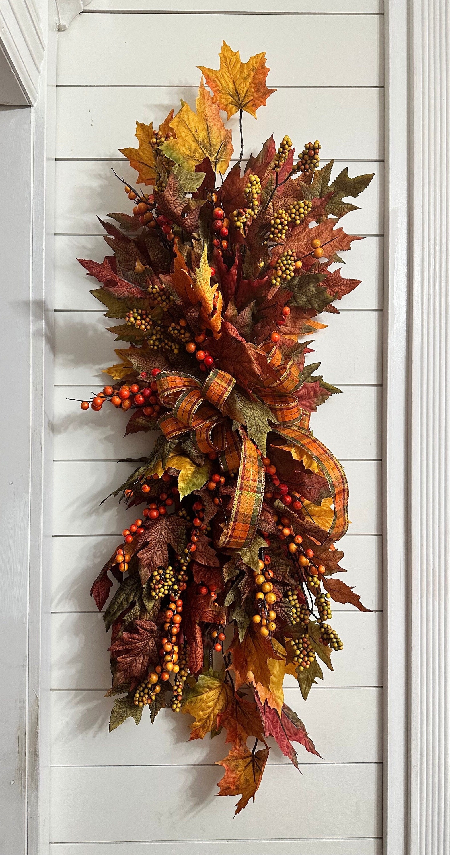 Fall leaf Swag, Autumn front door wreath, centerpiece arrangement, Wall hanging, Floral Fall swag, harvest vertical teardrop, Maple leaf dec
