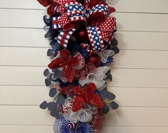 Patriotic Swag for front door, Fourth of July decor with red butterflies, Red white and blue teardrop