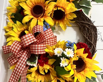 Sunflower wreath for front door, mini wreath for cabinets, candle ring, Grapevine with sunflowers, Small housewarming gift