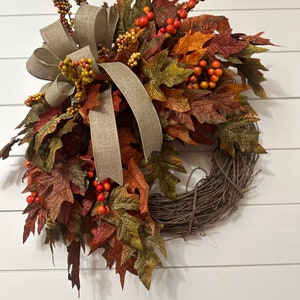 Fall Maple Leaves Wreath, Small Autumn Front door wreath, wreath with berries and peonies, Thanksgiving Harvest Grapevine
