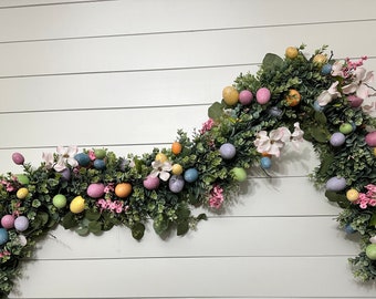 Easter garland with Eggs, Front door garland with flowers, table centerpiece, Mantle arrangement, Eucalyptus garland, Staircase garland