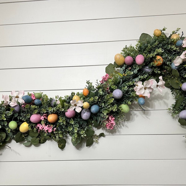 Easter garland with Eggs, Front door garland with flowers, table centerpiece, Mantle arrangement, Eucalyptus garland, Staircase garland