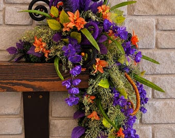 Halloween mantle corner swag with colorful bats, cabinet decor with black spiders, Shelf corner swag, over doorway swag