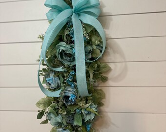 Year round floral Swag, blue peony Teardrop Wreath, everyday wall swag decor, boxwood and eucalyptus decor