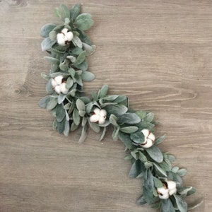 Cotton boll Lambs Ear garland, Farmhouse cotton ball garland for mantel, home decor, wedding arch, kitchen garland, garland for window