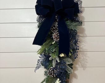 Christmas Navy and Gold swag, Holiday centerpiece decor with berries, elegant teardrop swag arrangement for front door or wall