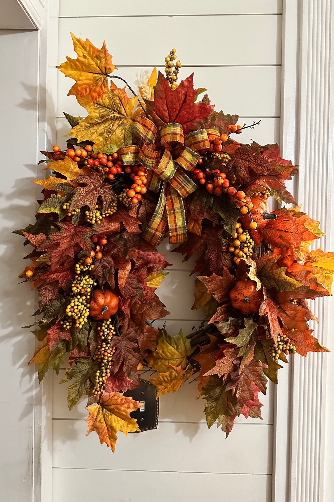 Fall Maple Leaves Wreath With Pumpkins, Front Door Wreath for Autumn ...