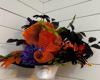 Purple Halloween witch hat, wearable pointed wizard hat with spiders, costume hat, derby hat, table centerpiece, trick or treat costume hat