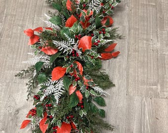 Christmas Holly leaves garland, Winter table arrangement with red berries, mantle decor, pine holiday centerpiece