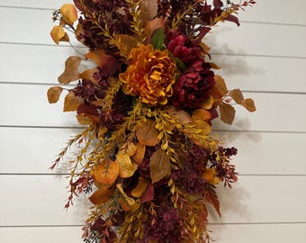 Fall Swag, Autumn front door wreath, centerpiece arrangement, Wall hanging, Floral Fall swag, harvest vertical teardrop, Fall fern decor