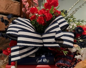 Patriotic Floral Centerpiece, Wooden Book Stack Shelf Decor, Small arrangement for July 4, God bless America