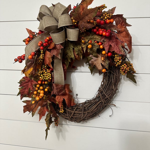 Fall Maple Leaves Wreath, Small Autumn Front door wreath, wreath with berries and peonies, Thanksgiving Harvest Grapevine